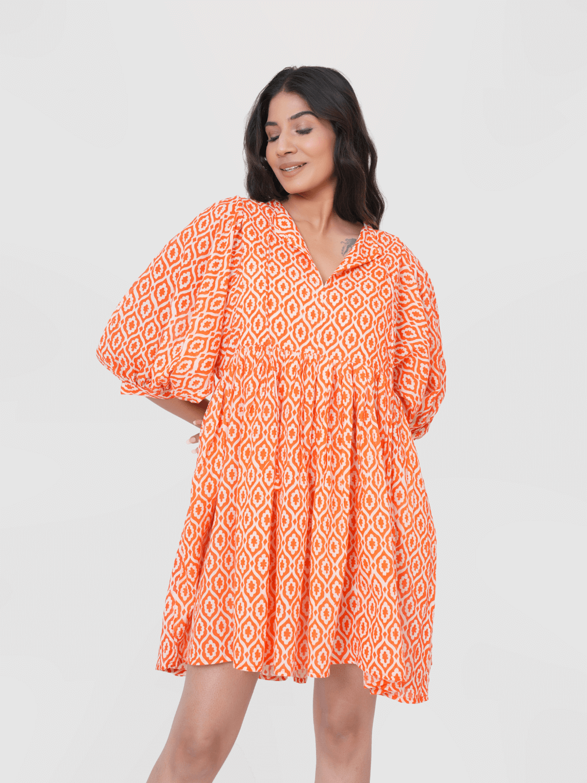 orange-floral-flowers-hand-block-printed-cotton-mini-doi-dress-3