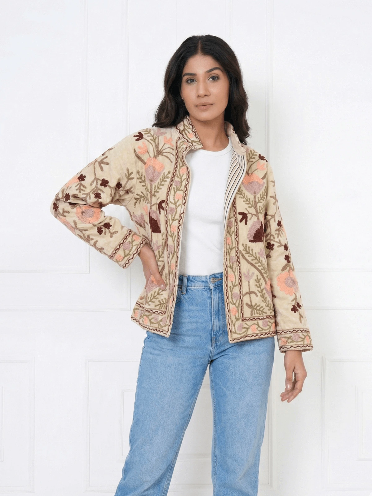 Beige-Floral-Embroidered-Cotton-Jacket-with-Striped-Lining