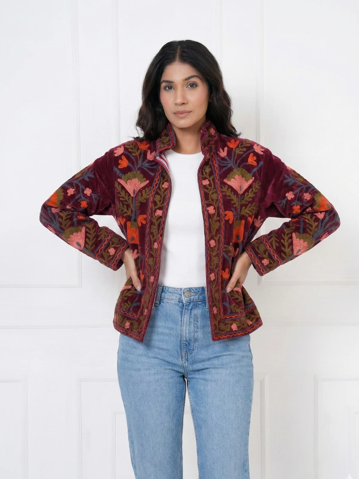 Maroon-Embroidered-Velvet-Jacket-with-Striped-Lining-3
