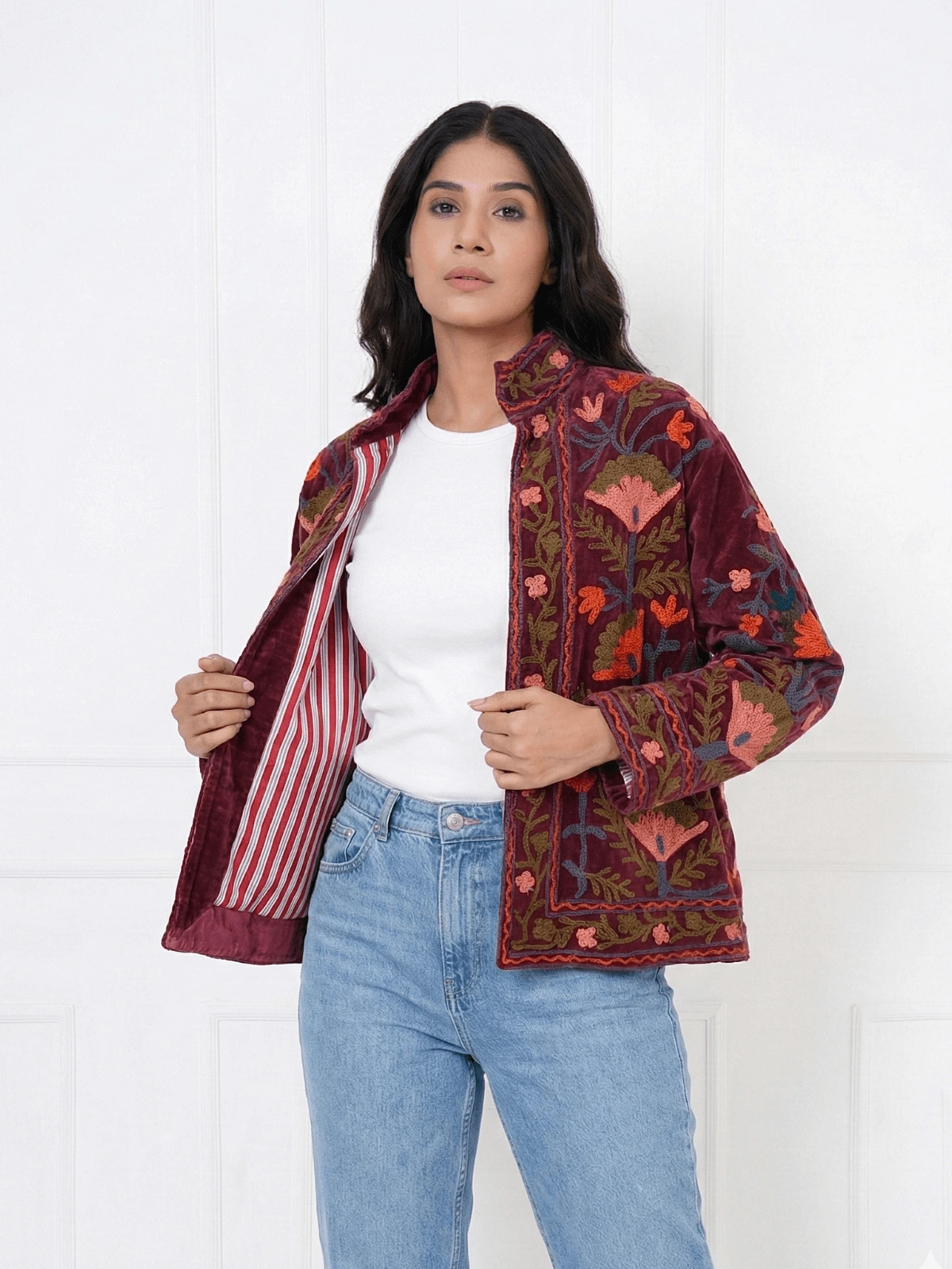 Maroon-Embroidered-Velvet-Jacket-with-Striped-Lining