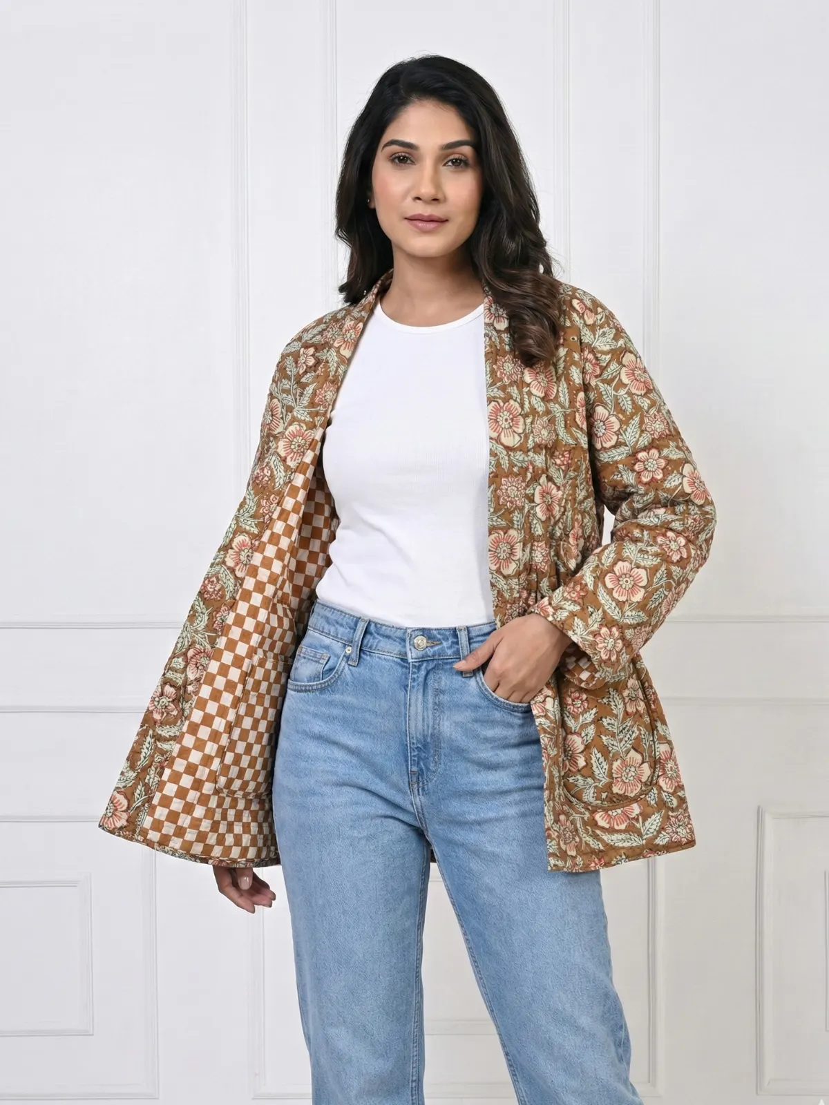 Mustard-Brown-Floral-Quilted-Cotton-Jacket-with-Contrast-Belt-1