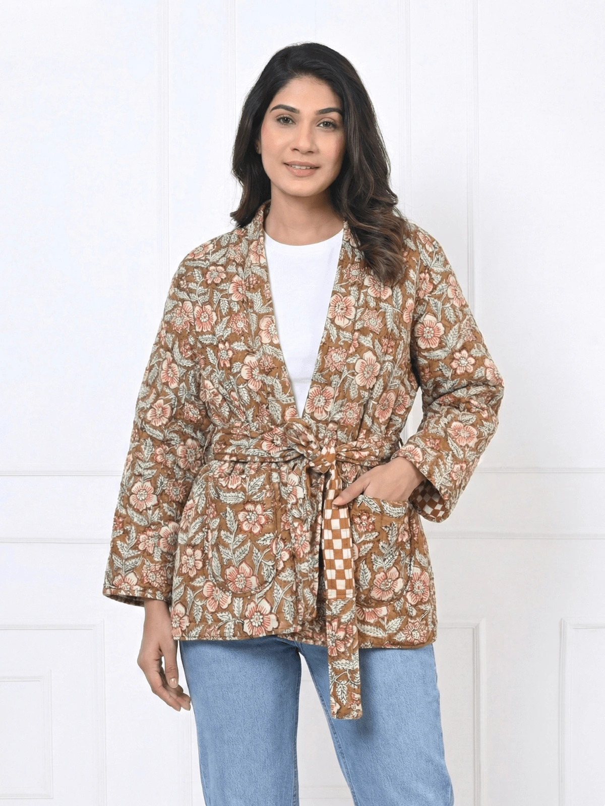 Mustard-Brown-Floral-Quilted-Cotton-Jacket-with-Contrast-Belt