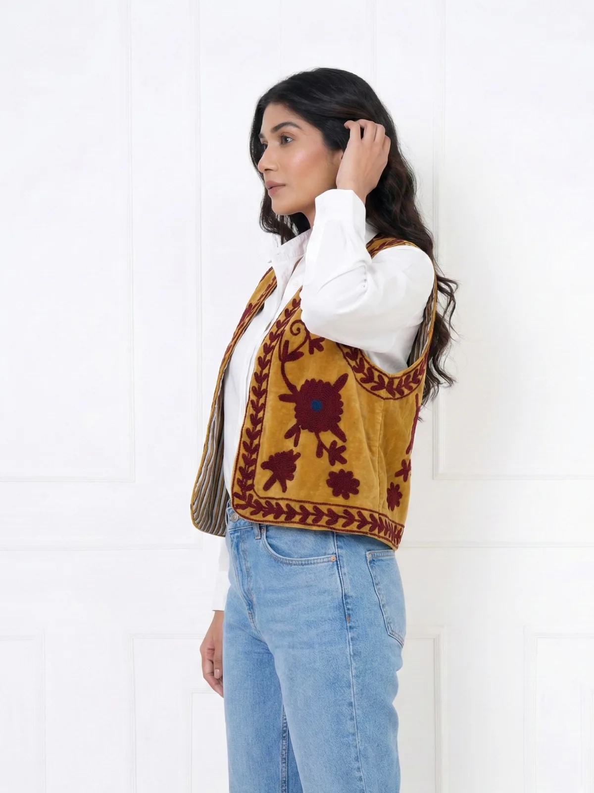 Mustard-Embroidered-Velvet-Vest-with-Red-Thread-Work-1
