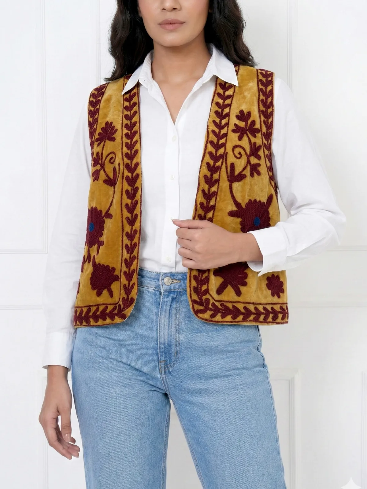 Mustard-Embroidered-Velvet-Vest-with-Red-Thread-Work-2