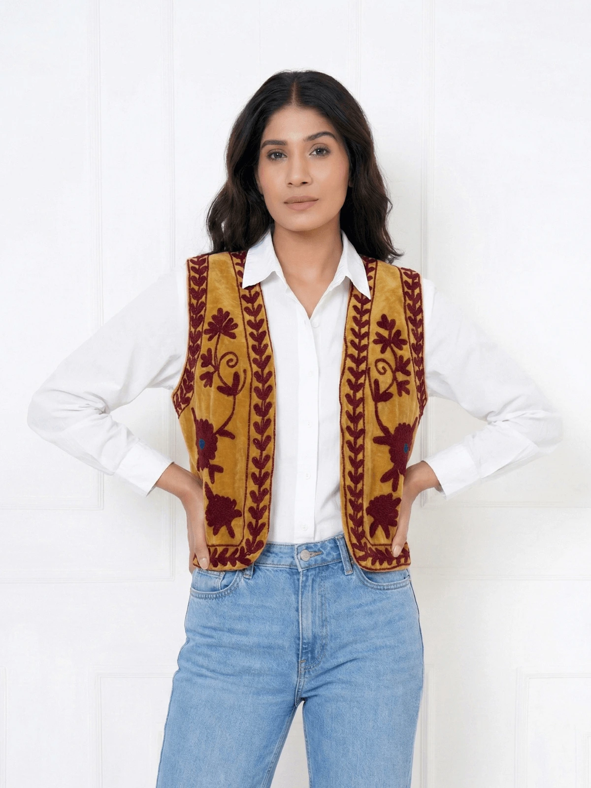 Mustard-Embroidered-Velvet-Vest-with-Red-Thread-Work