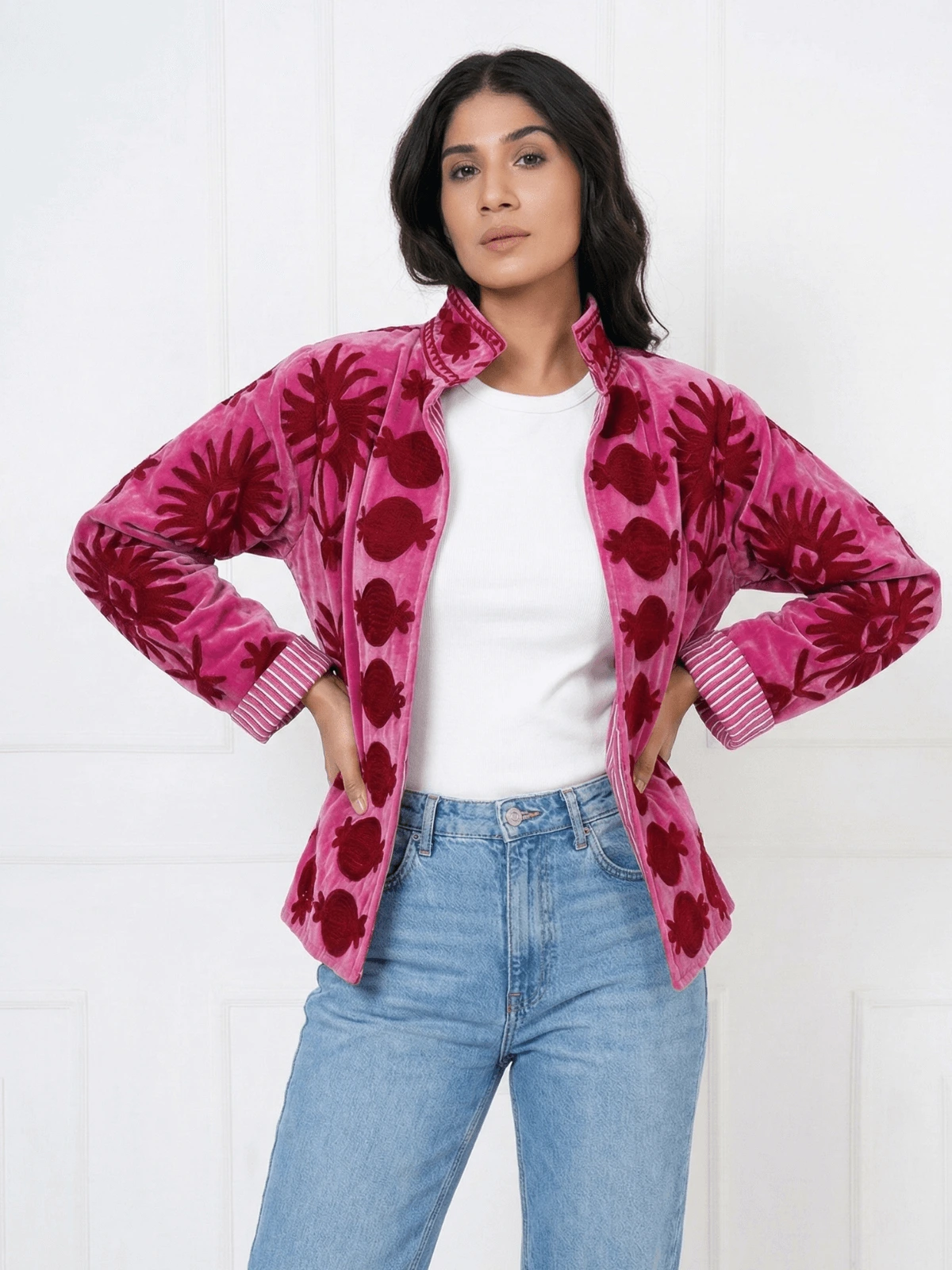 Pink-Floral-Velvet-Jacket-with-Stand-Collar